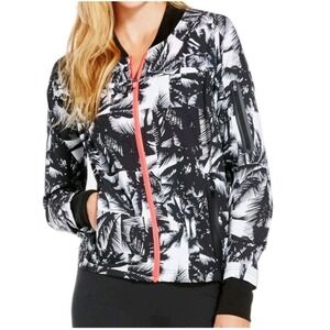 Fabletics Diana Bomber Jacket Womens Small Black & White Malibu Leaf Print Top